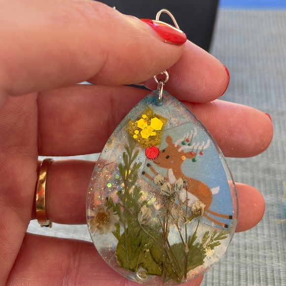 Festive Handmade Pressed Flower Large Holiday Earrings Blue Rudolph Teardrop - Picture 9 of 10